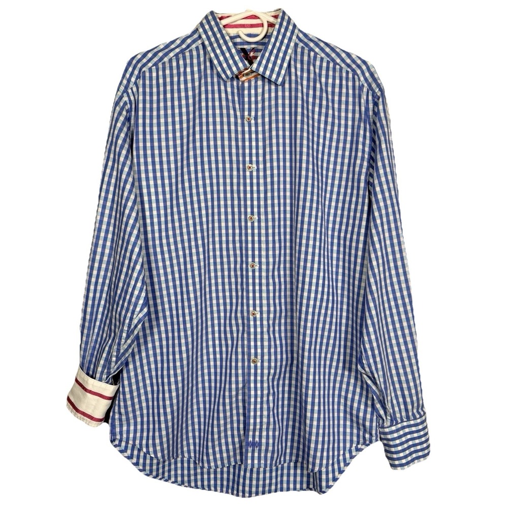 Robert Graham X Flip Cuff Button Shirt Blue Gingham Check Men's L‎ Cotton - Picture 2 of 16